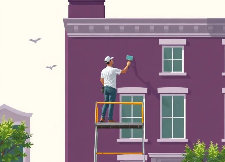 Peintre sur échafaudage traitant la façade d'une maison