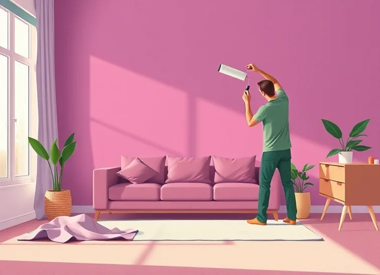 Peintre appliquant la peinture au rouleau sur un mur de salon